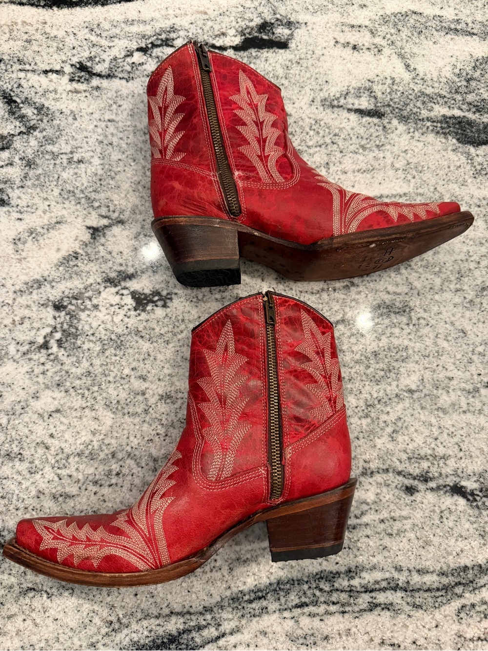 Red Leather Western Ankle Booties with Embroidered Detail - Picture 6 of 12